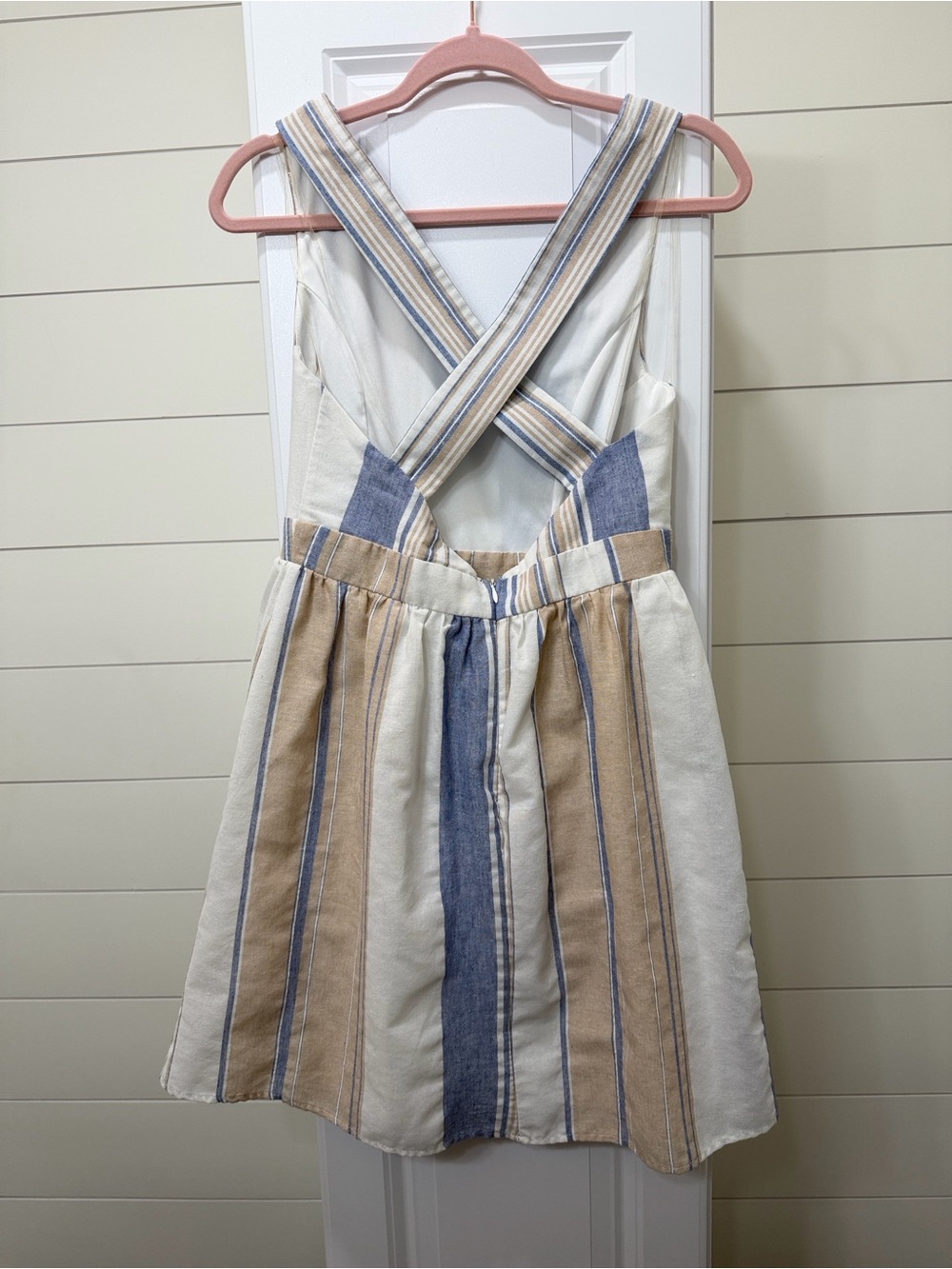 Altar'd State Blue and Cream Striped Mini Dress with Cross-Back - Picture 3 of 5